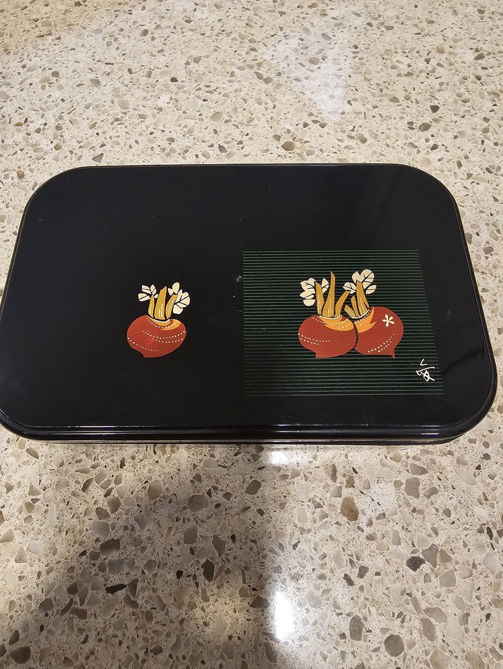 Black Laquer Bento Box with Red Floral Motif